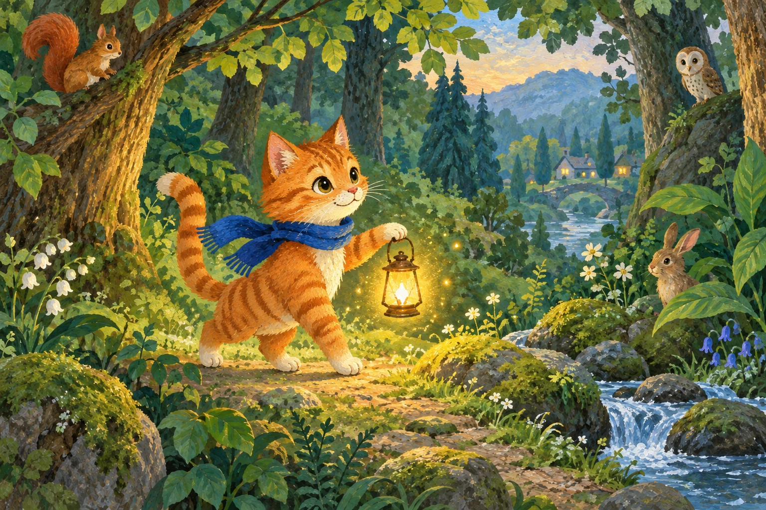 小猫提着灯笼走进森林的绘本插画